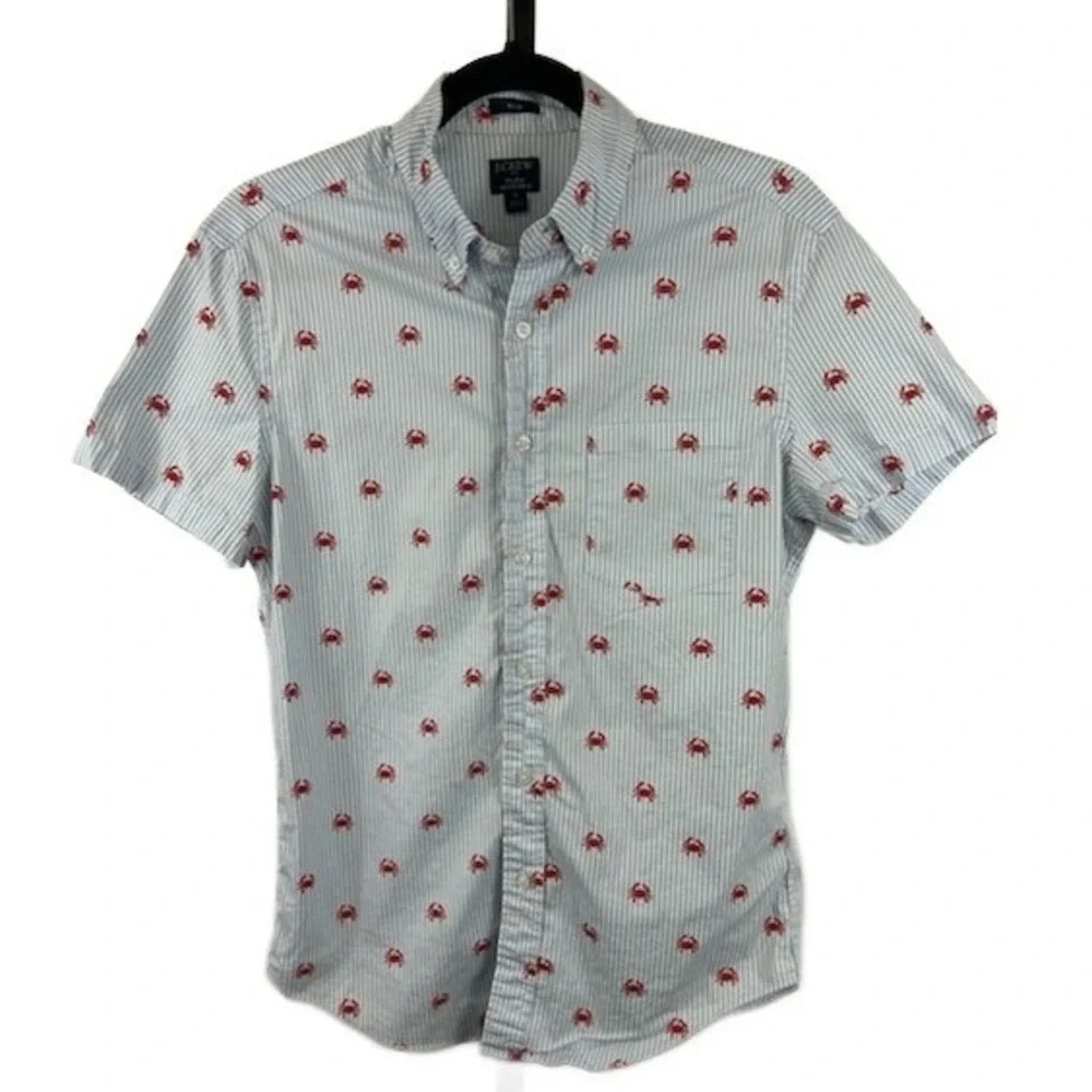 J Crew‎ Top Men's Size Small Slim Fit Short Sleeve Button Down Crab Blue White